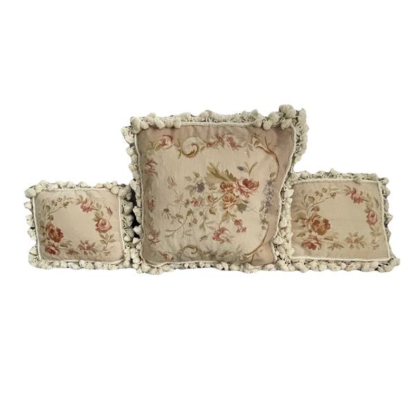 Qty. 3 Petit Point Needlepoint Wool Pillows 20” Sq & 12x14 French Abusson Style - Picture 2 of 16